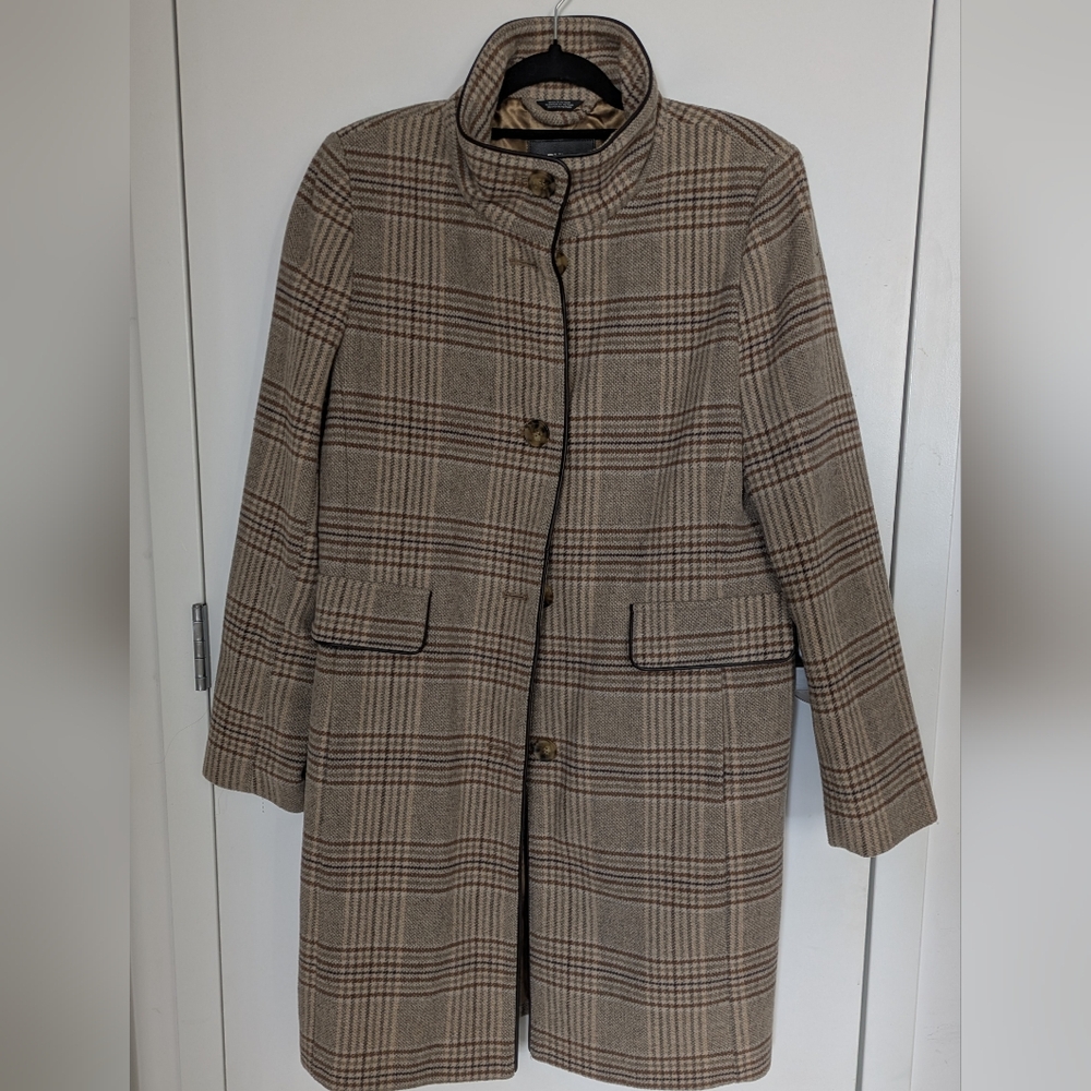 DKNY Brown And Cream/Tan Plaid Peacoat